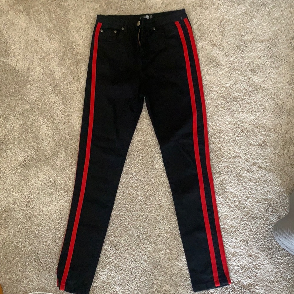 Boohoo Black Denim Jeans With Red Stripes. Size 4.